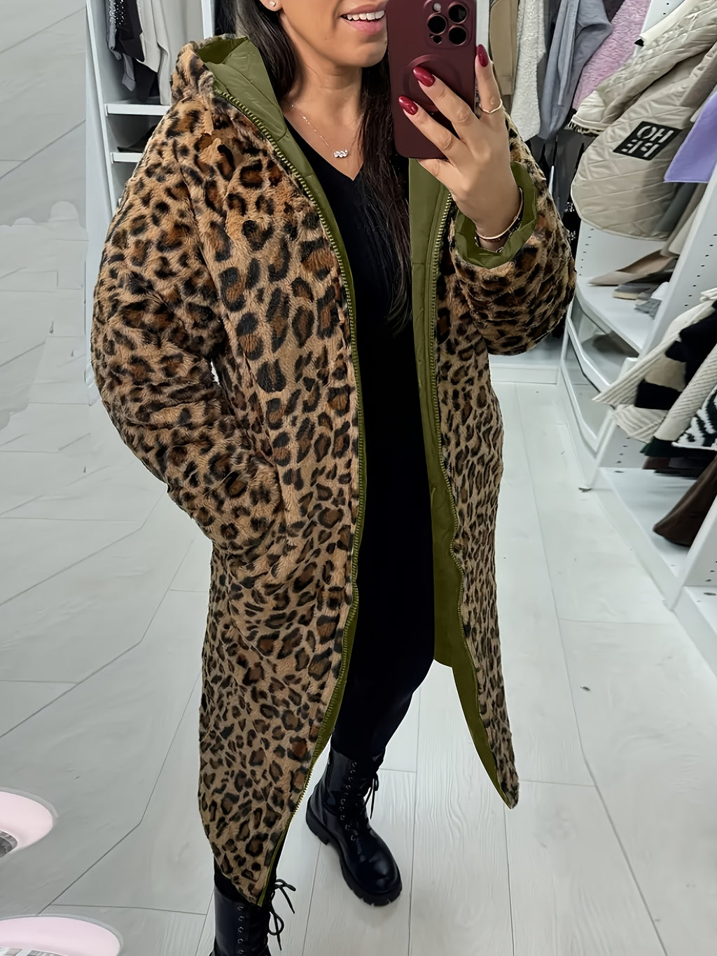Manteau grande taille à imprimé léopard, chaleur d'hiver, matelassé, vu de dos