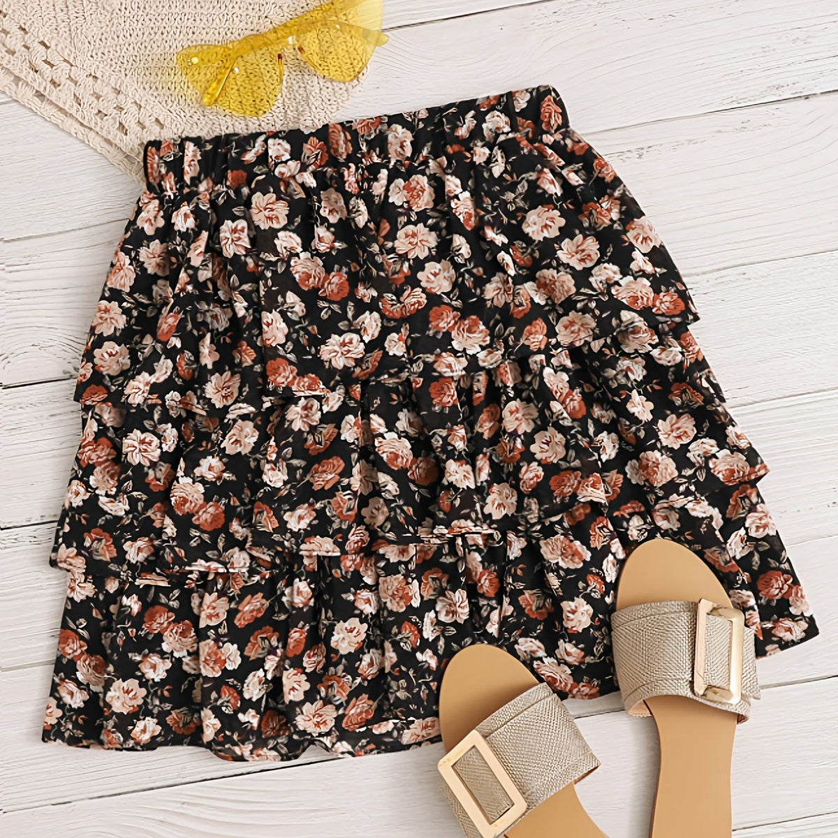 Jupe grande taille en soie à imprimé fleuri, tombé fluide — matière : polyester Image