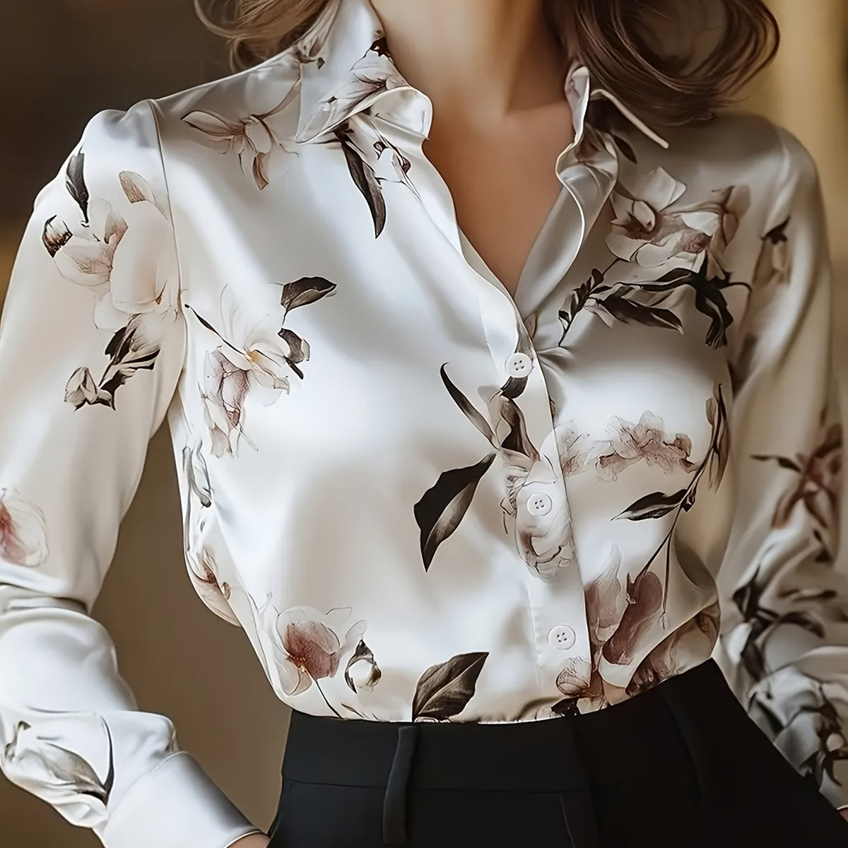 Chemise grande taille en satin à imprimé fleuri, col à revers, tombé fluide — matière : polyester Image