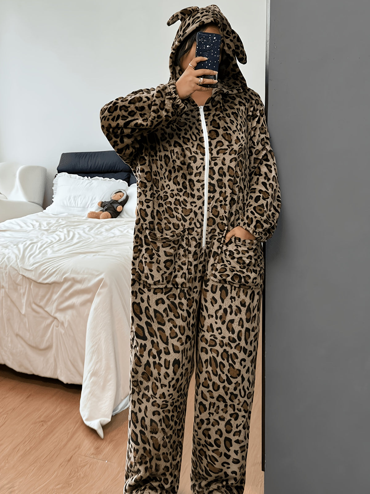 Pyjama grande taille à imprimé léopard, capuche, chaleur d'hiver — composition : 100% Polyester