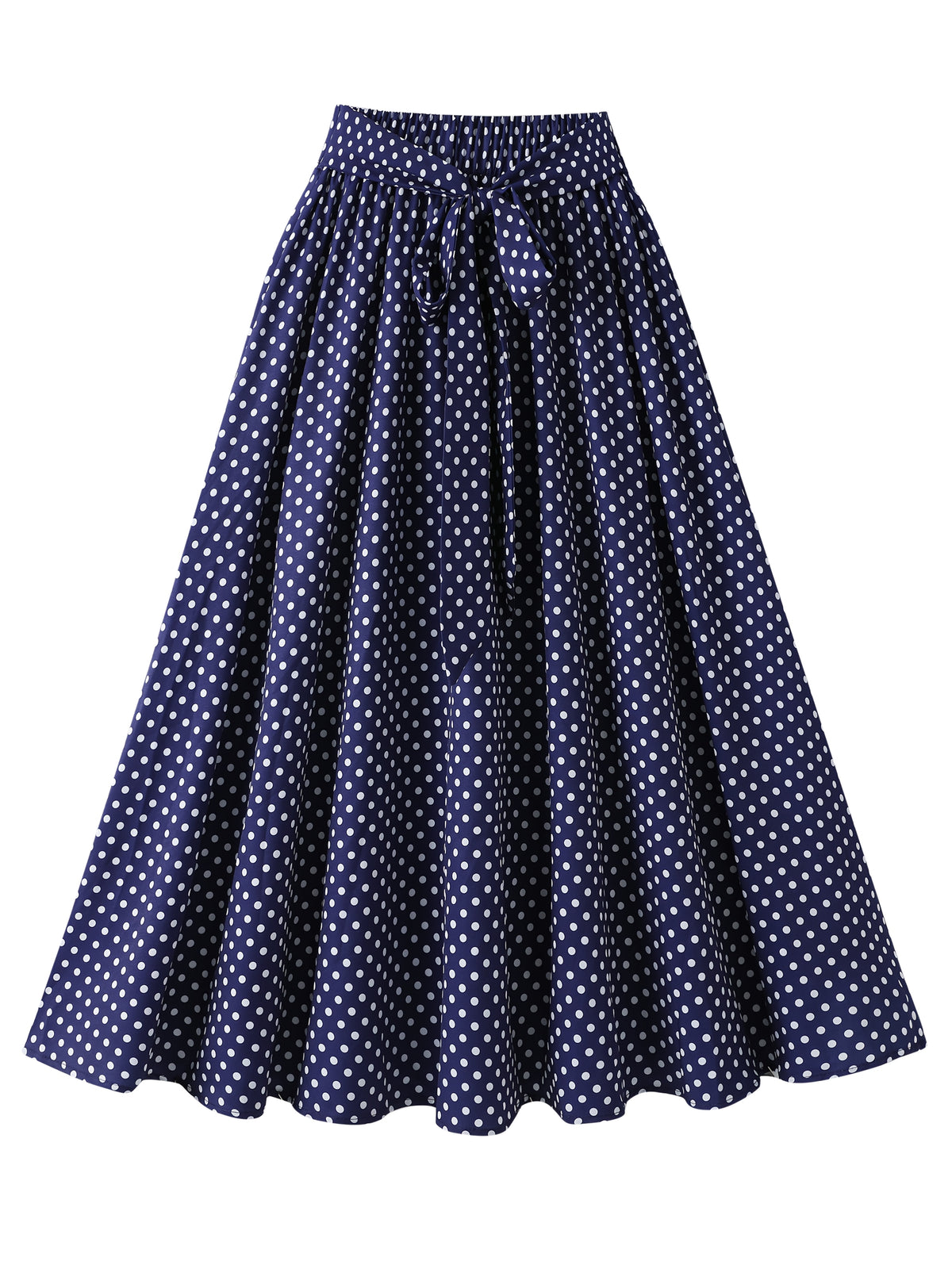 Jupe grande taille à pois, coupe évasée, ceinture assortie, vu de dos