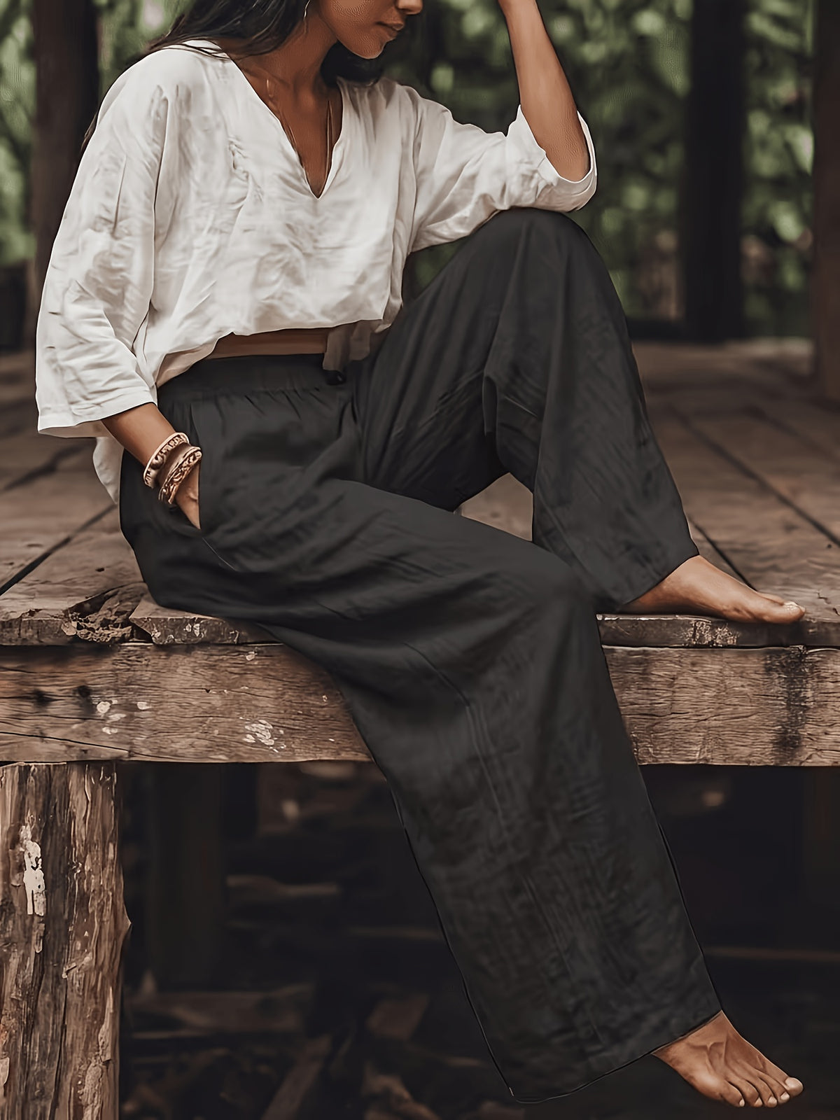 Pantalon grande taille, coupe évasée, toucher naturel, jambe large, visuel produit