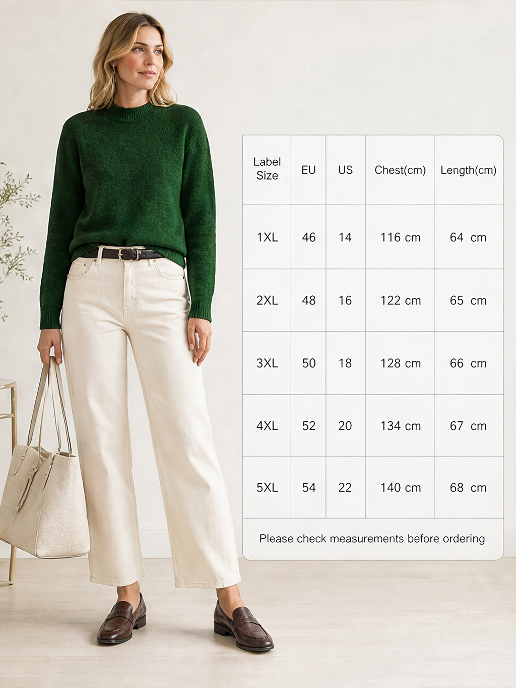 Top grande taille en laine, col roulé, maille côtelée, manches longues, mise en situation