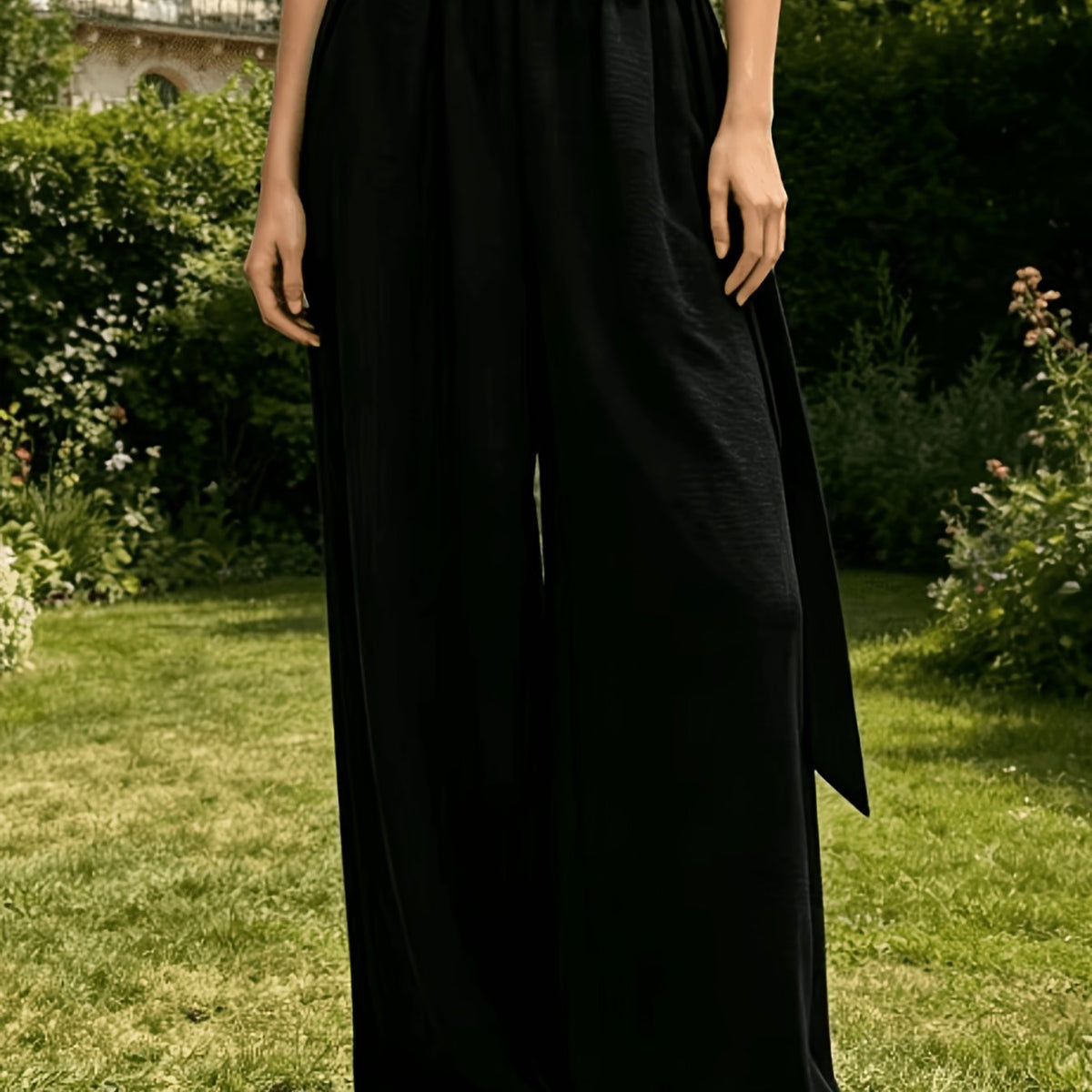Pantalon grande taille, coupe droite, ceinture assortie, esprit décontracté — matière : polyester
