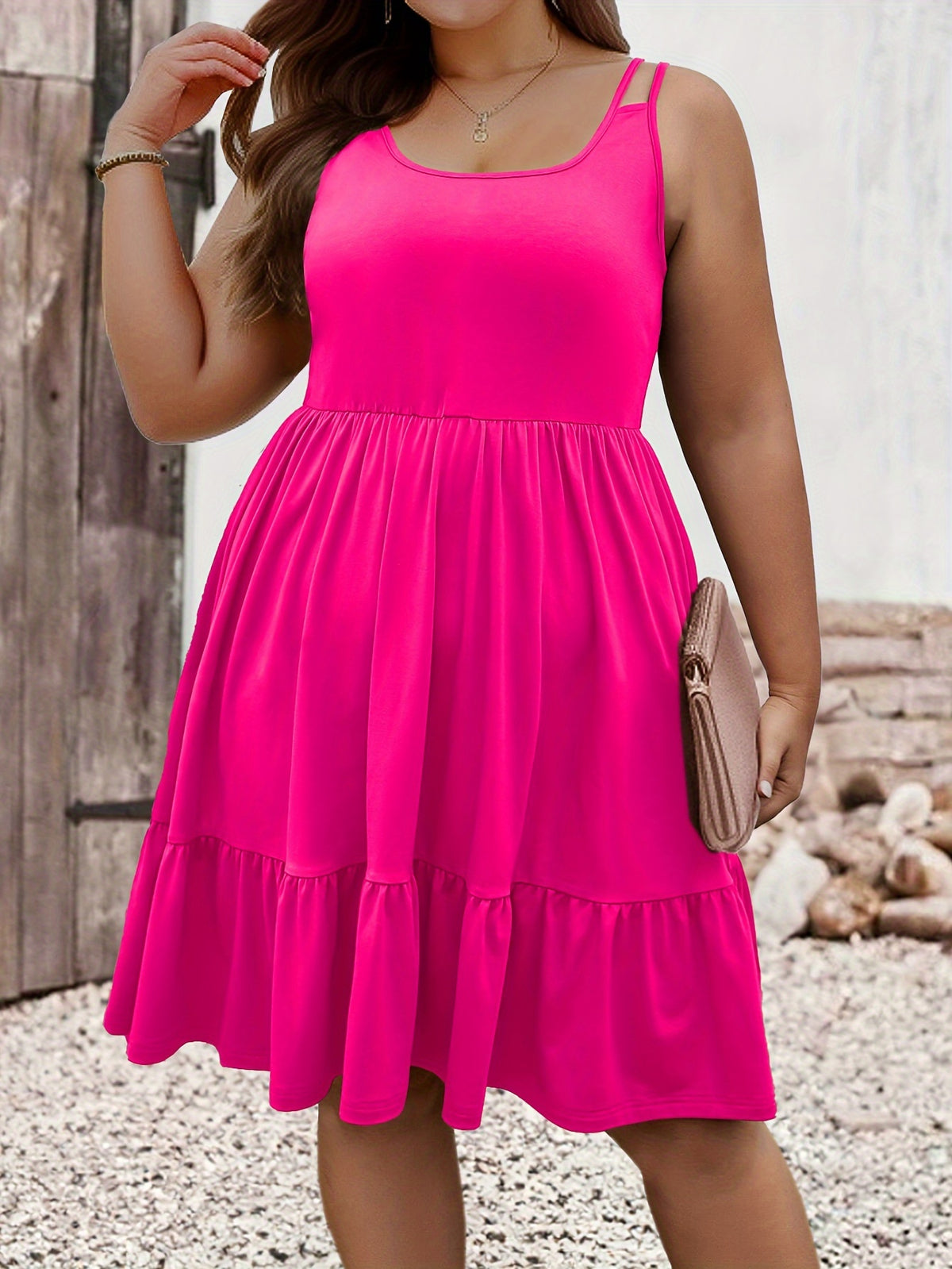 Robe courte grande taille — Double bretelle et jersey froncé