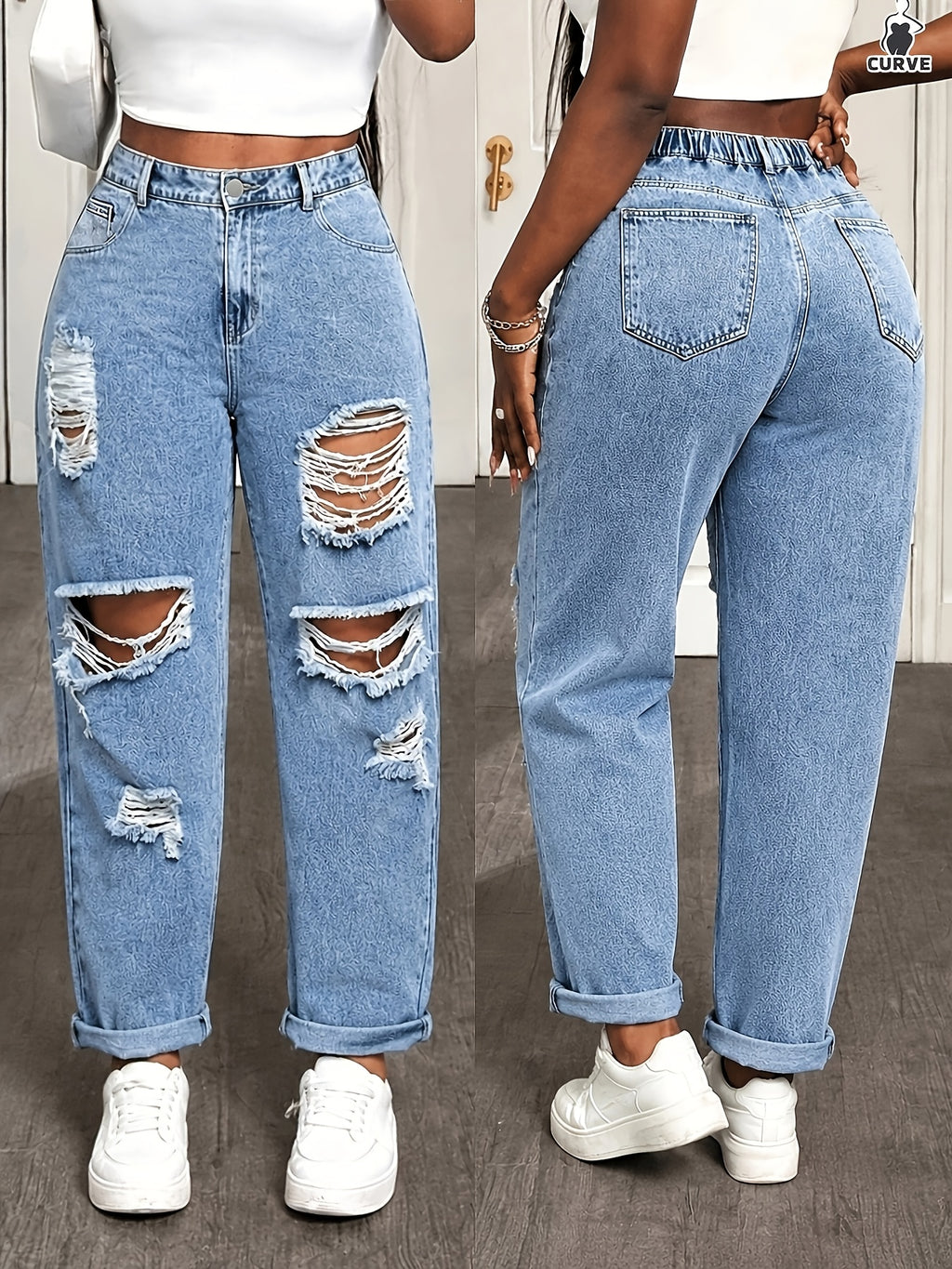 Jean grande taille, coupe oversize, tenue franche, ourlet effiloché — composition : 77% Coton, 16% Polyester, 6% Viscose, 1% Lyocell