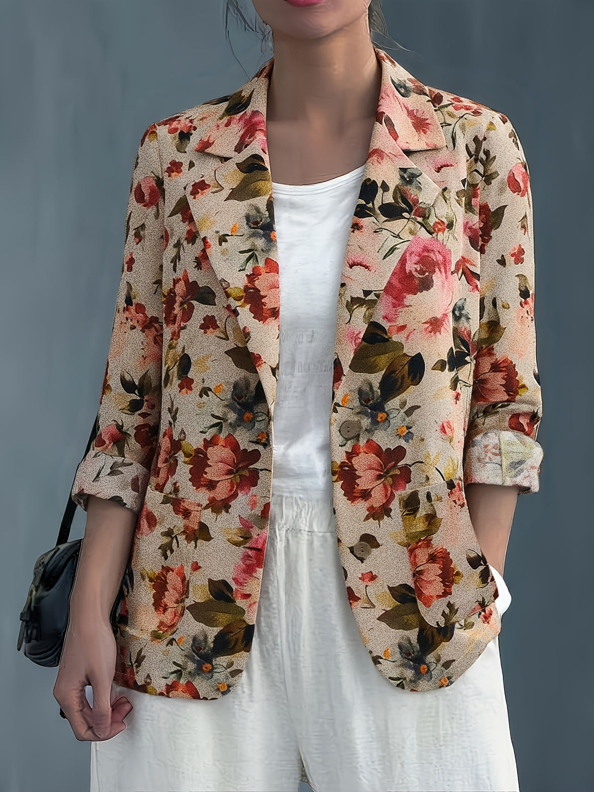 Blazer grande taille à imprimé fleuri, coupe ample, tombé fluide — composition : 100% Viscose