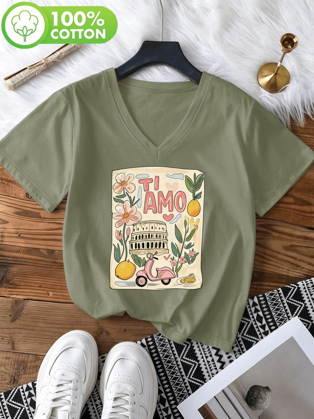 T-shirt grande taille, coupe ample, col V, manches courtes, autre coloris