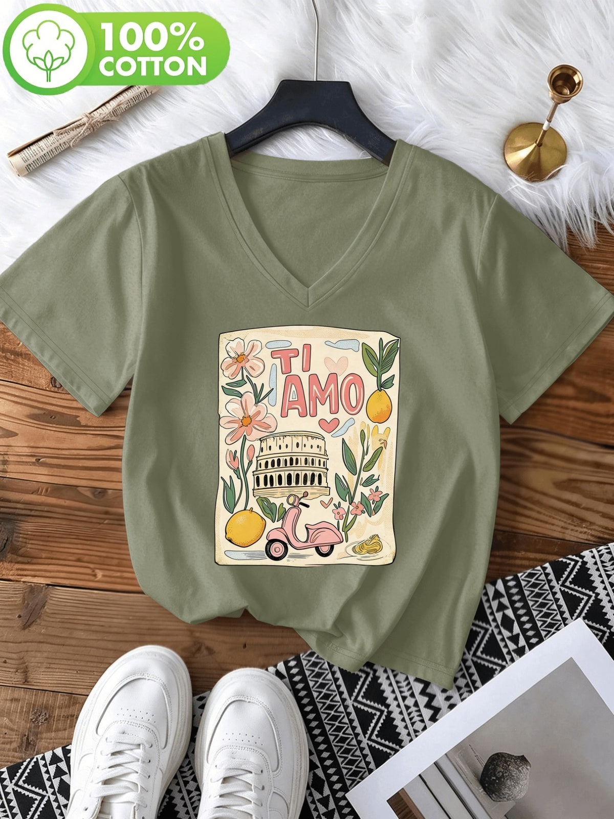 T-shirt grande taille, coupe ample, col V, manches courtes, autre coloris