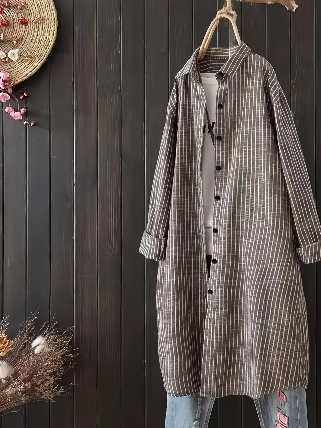 Chemise grande taille à rayures, coupe ample, col à revers, boutonnage