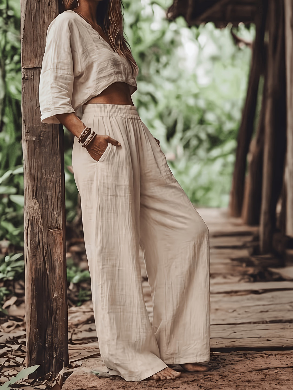 Pantalon grande taille, coupe évasée, toucher naturel, jambe large, autre coloris