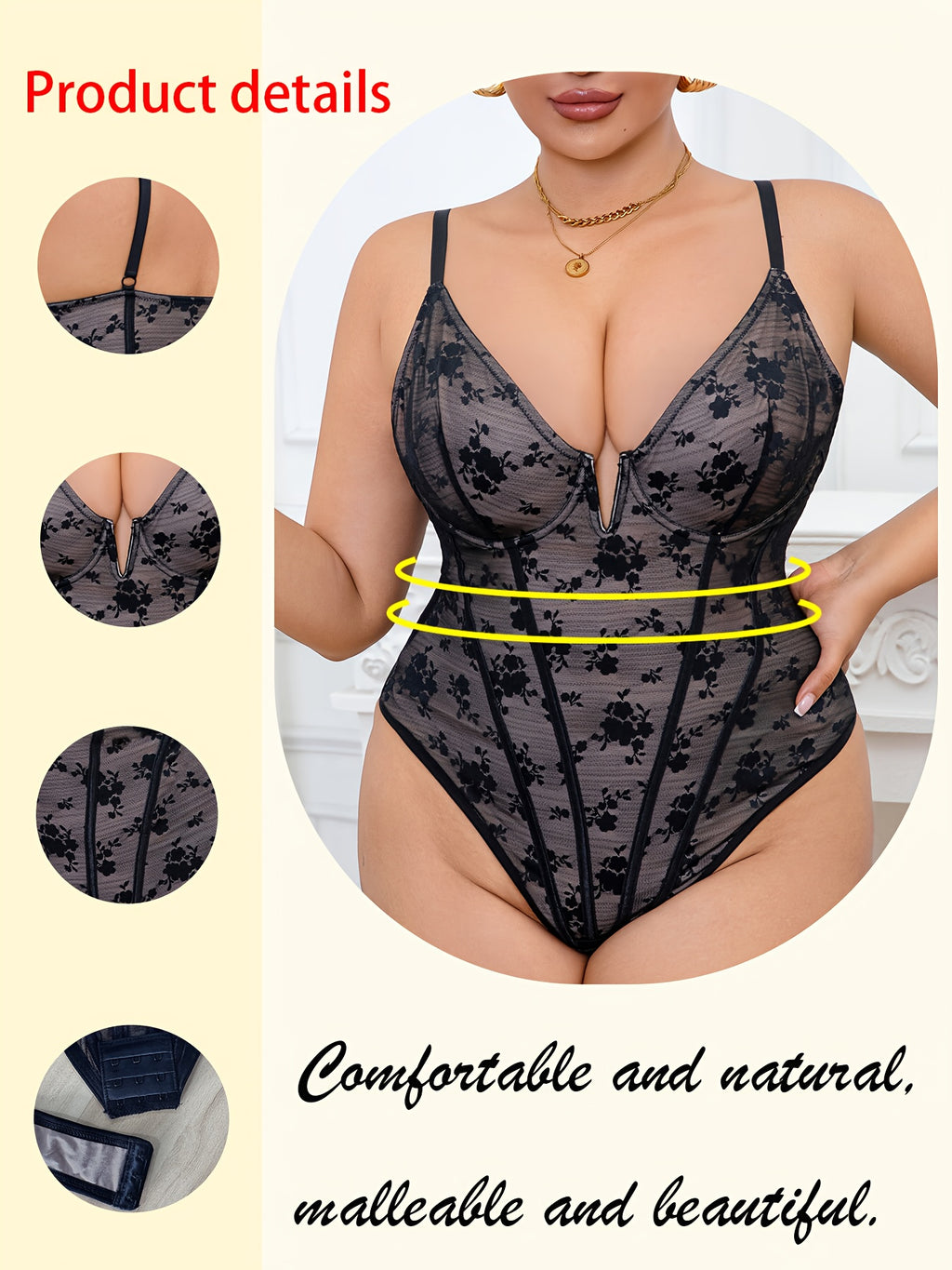 Combinaison grande taille en dentelle à imprimé fleuri, effet ajouré — matière : polyamide