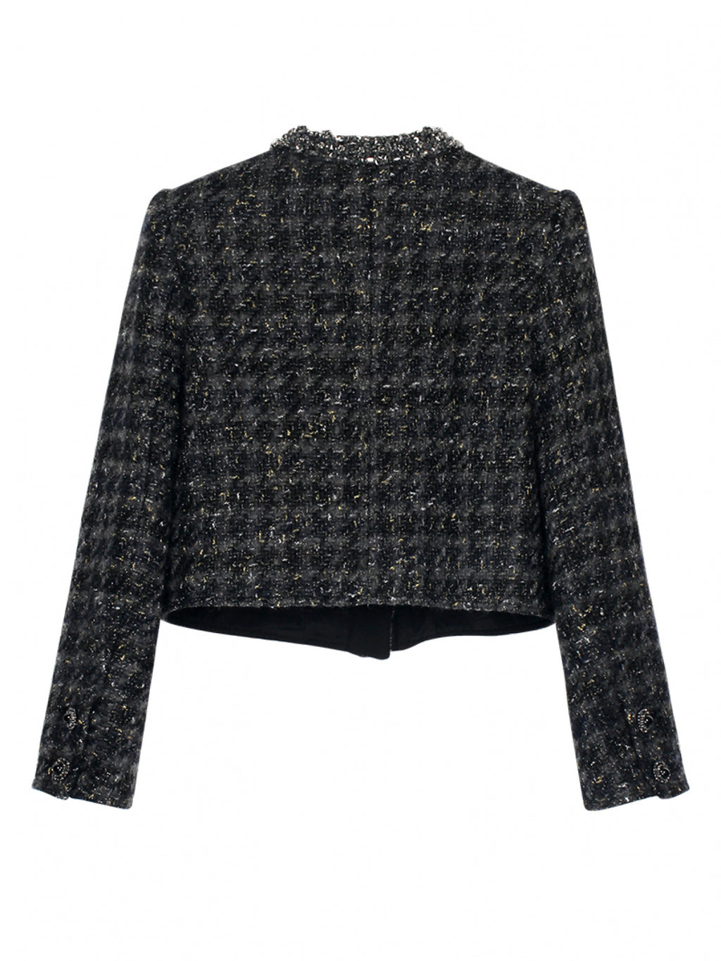 Veste grande taille en tweed à carreaux, coupe courte, perles, manches longues, porté de face