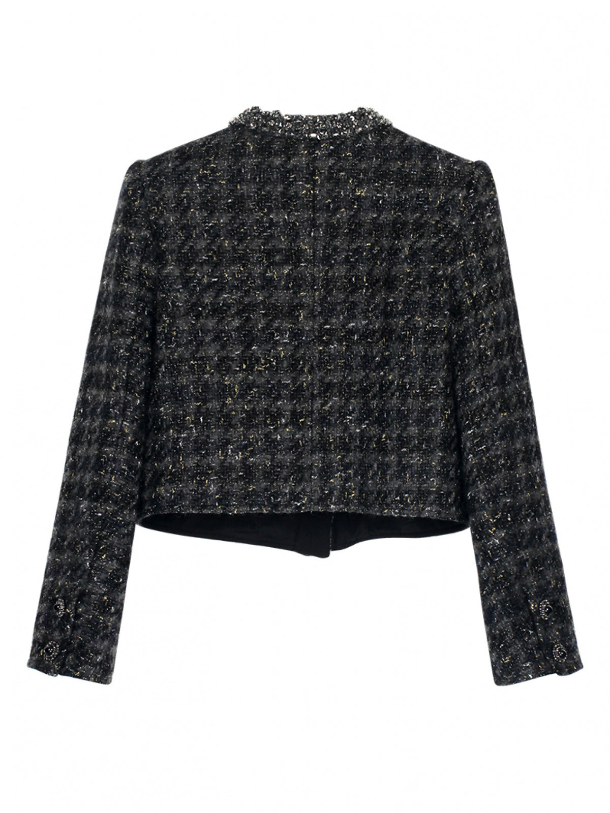 Veste grande taille en tweed à carreaux, coupe courte, perles, manches longues, porté de face