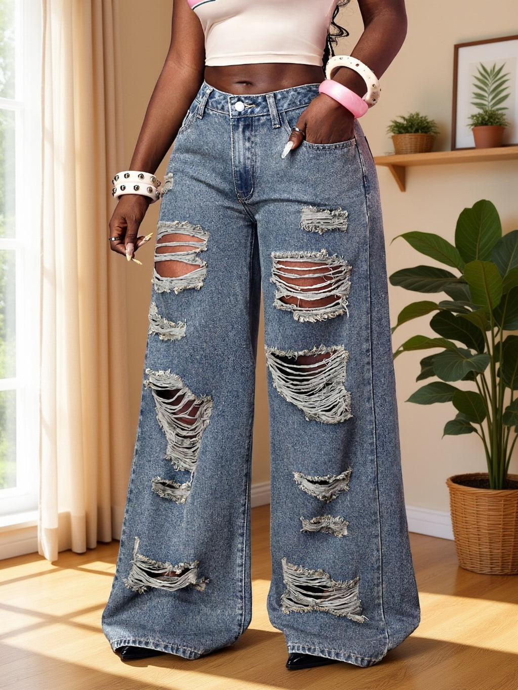 Pantalon grande taille, coupe évasée, toucher naturel, délavage