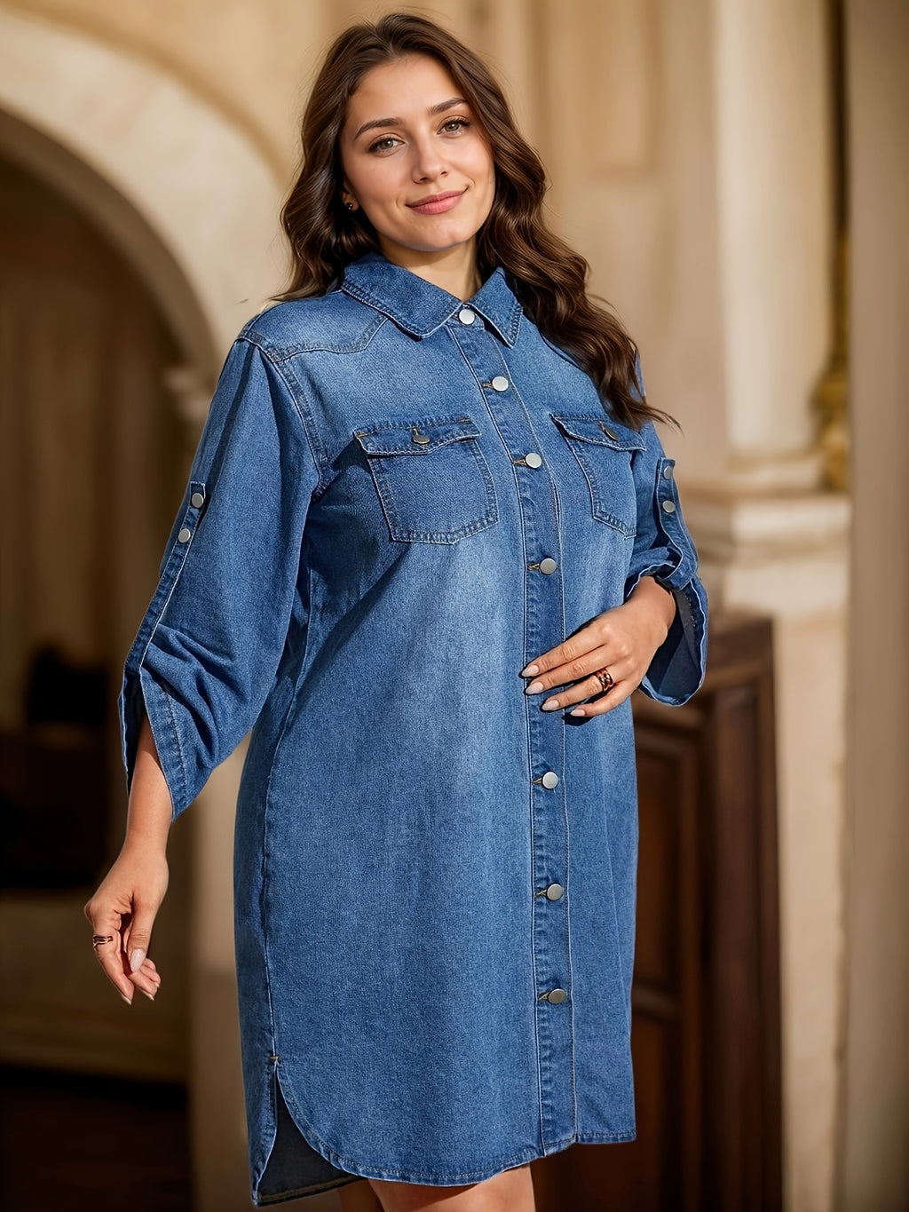 Robe grande taille, coupe oversize, manches longues, tenue franche — composition : 85% Coton, 15% Polyester