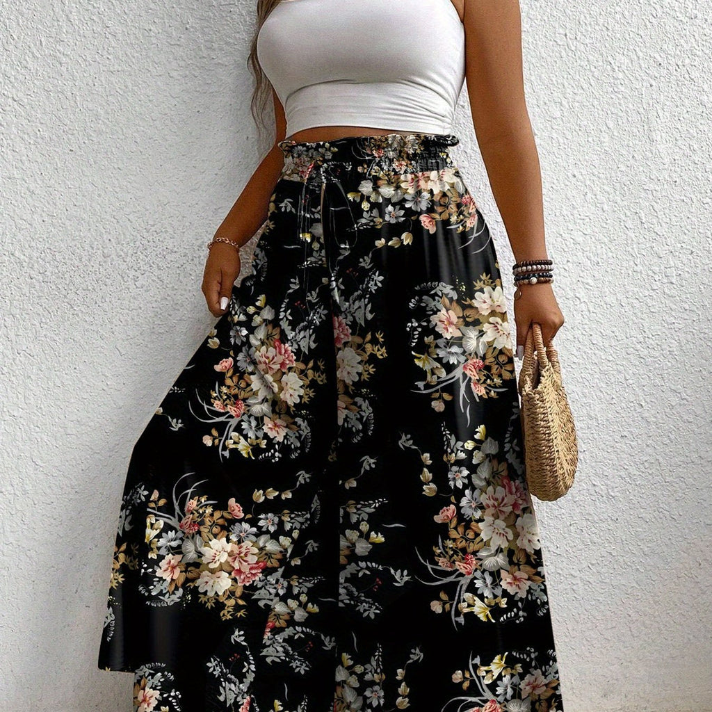 Pantalon grande taille à imprimé fleuri, coupe évasée, cordon — matière : polyester