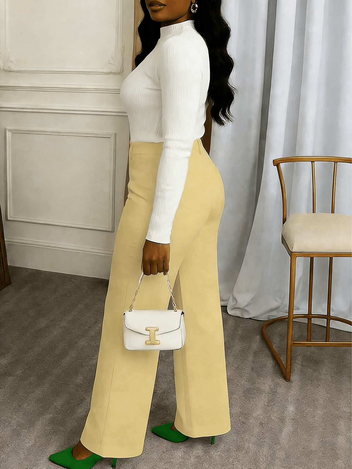 Pantalon grande taille en maille, coupe droite, poches plaquées, maille souple, tissu opaque