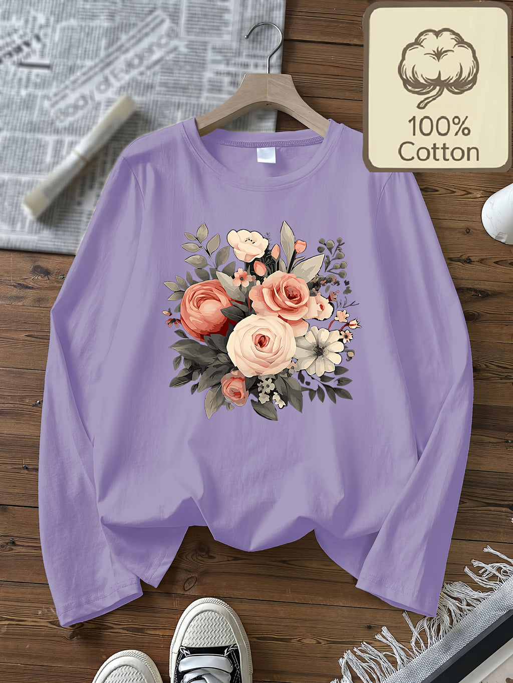 Top grande taille, col rond, manches longues, toucher naturel, mise en situation