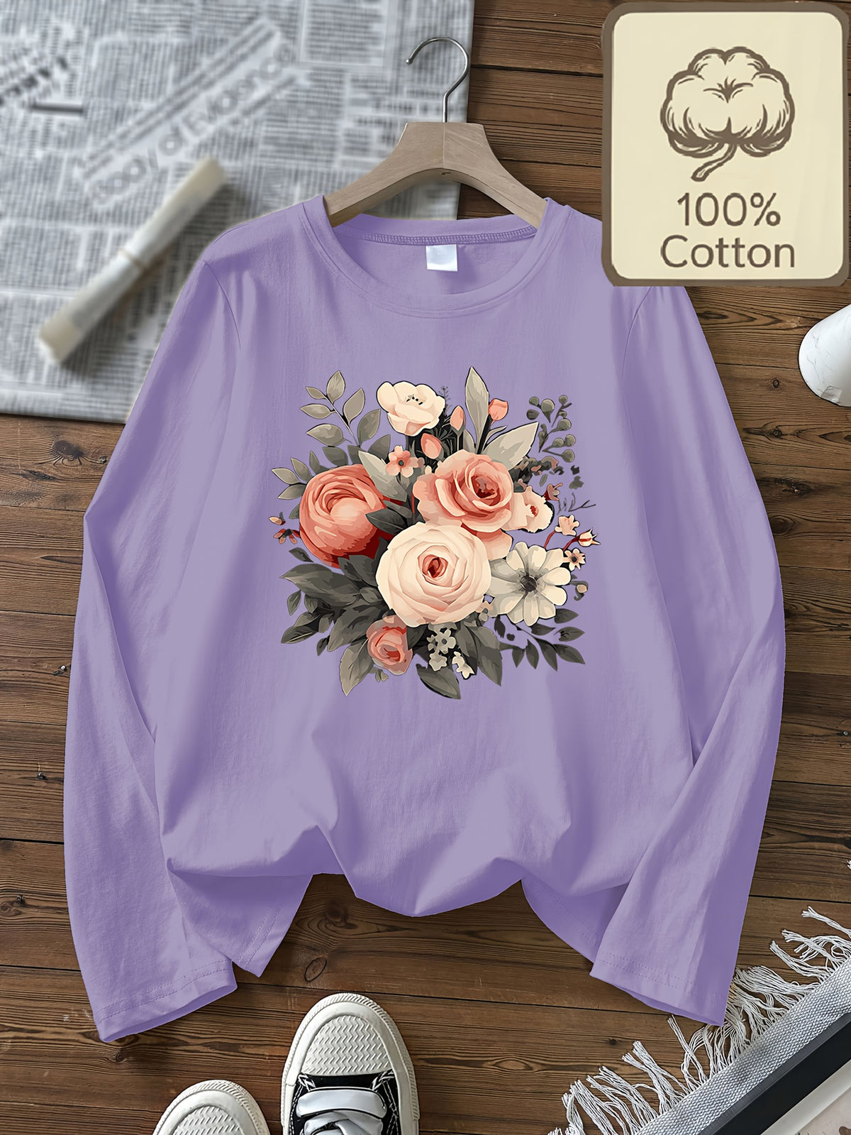 Top grande taille, col rond, manches longues, toucher naturel, mise en situation