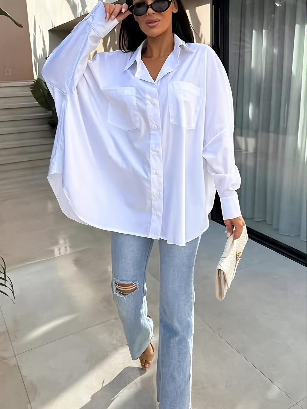 Chemise grande taille, coupe oversize, col à revers, allure élégante — composition : 100% Polyester