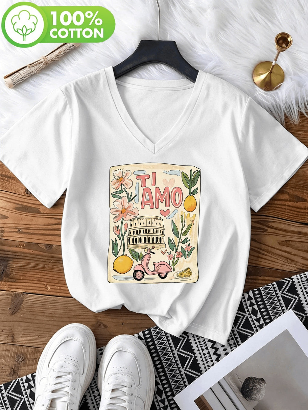 T-shirt grande taille, coupe ample, col V, manches courtes
