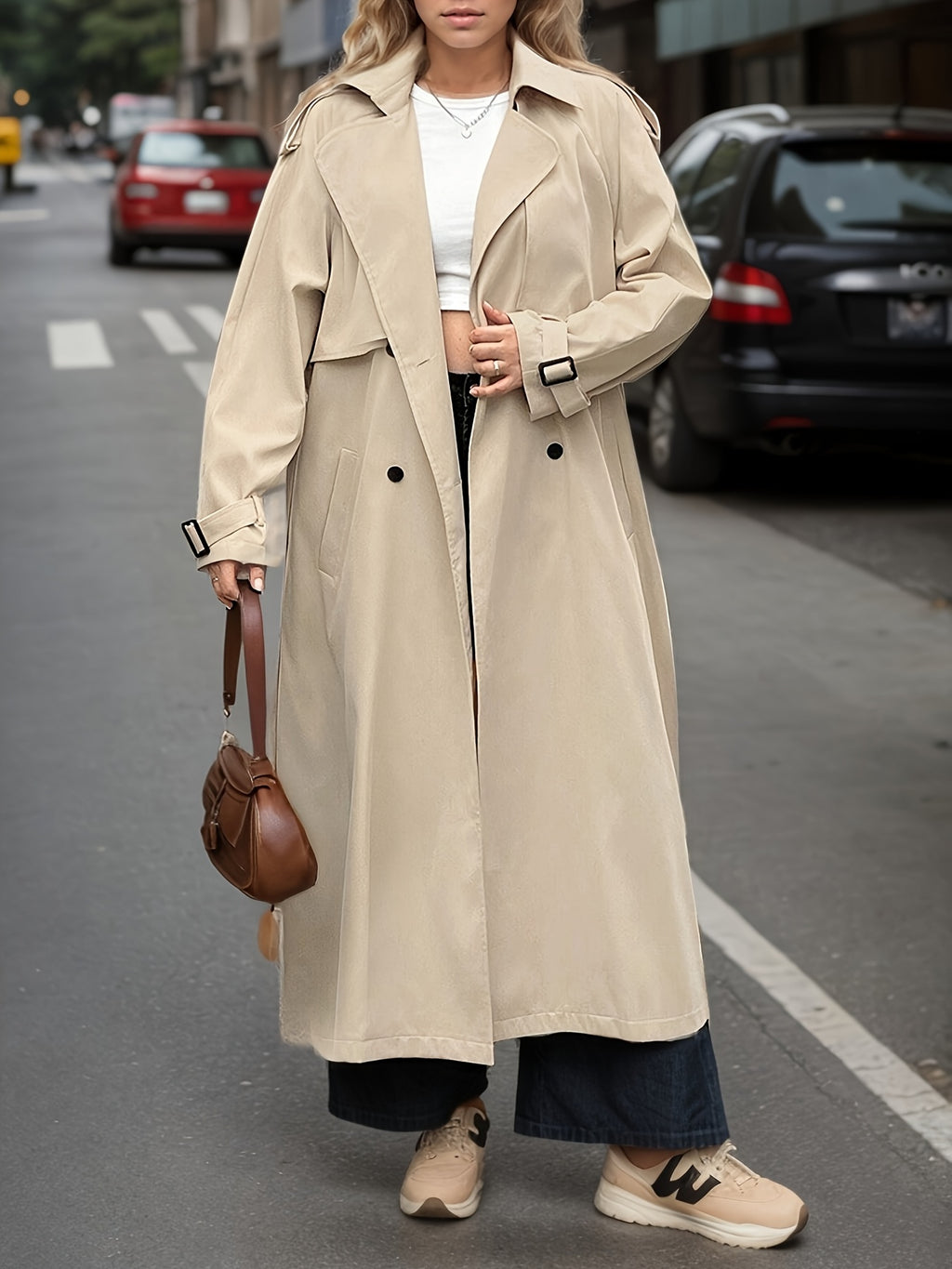Manteau grande taille, coupe longue, col à revers, boutonnage, tissu opaque