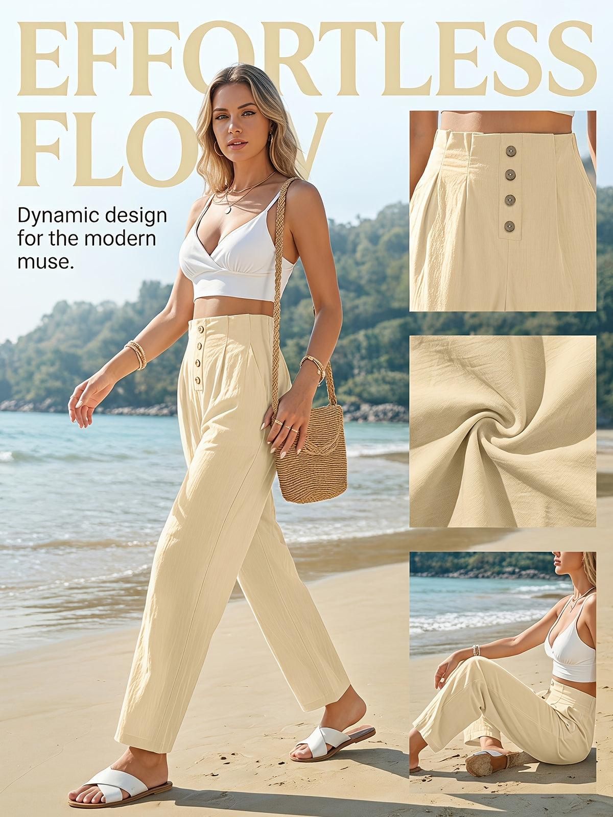 Pantalon grande taille, fermeture zippée, jambe large — composition : 97% Polyester, 3% Élasthanne