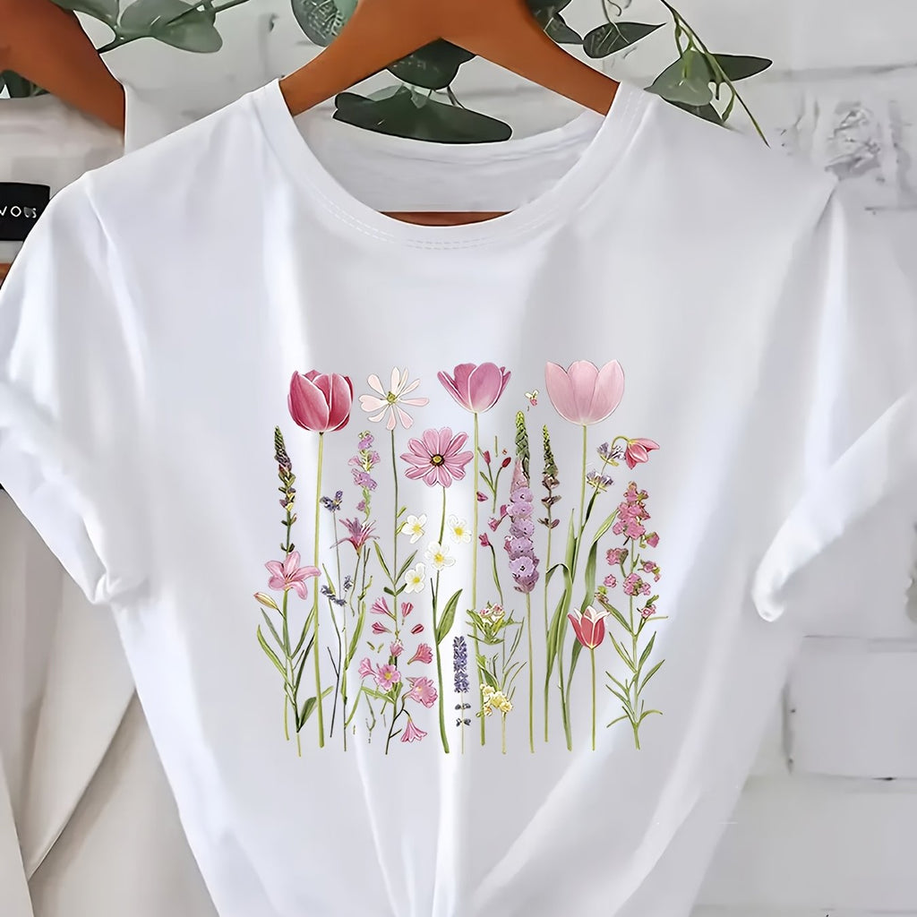 T-shirt grande taille à imprimé fleuri, manches courtes, imprimé floral — composition : 95% Polyester, 5% Élasthanne