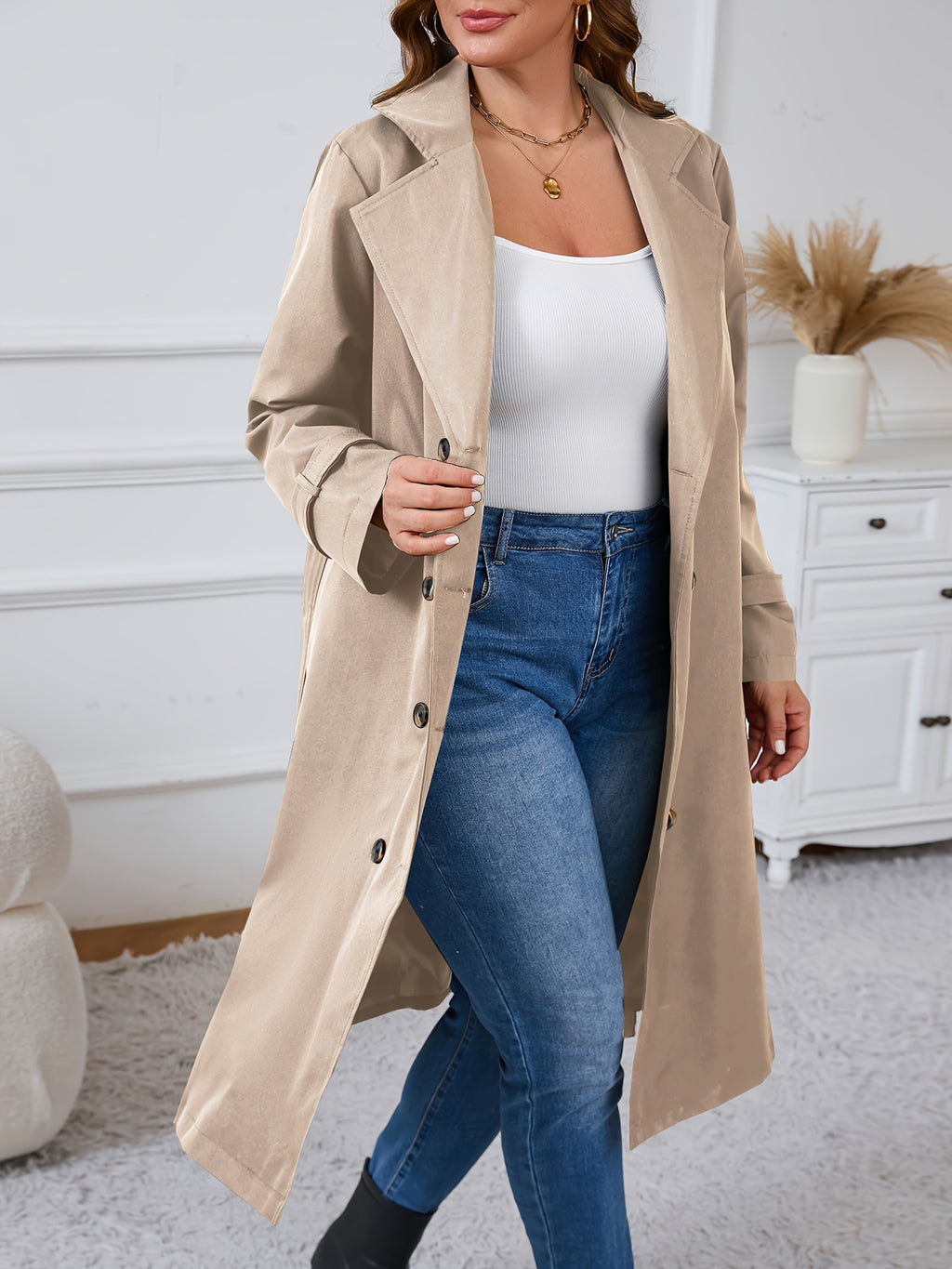 Manteau grande taille, coupe longue, col à revers, boutonnage, autre coloris