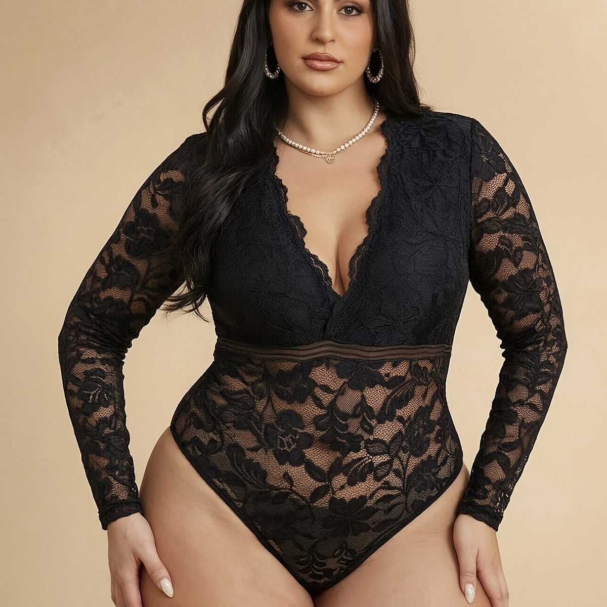 Body gainant grande taille en dentelle, dentelle contrastée, effet ajouré — matière : polyester Image