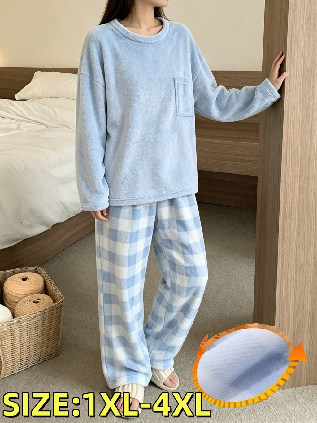 Pyjama grande taille à carreaux, chaleur d'hiver, esprit décontracté, détail du col