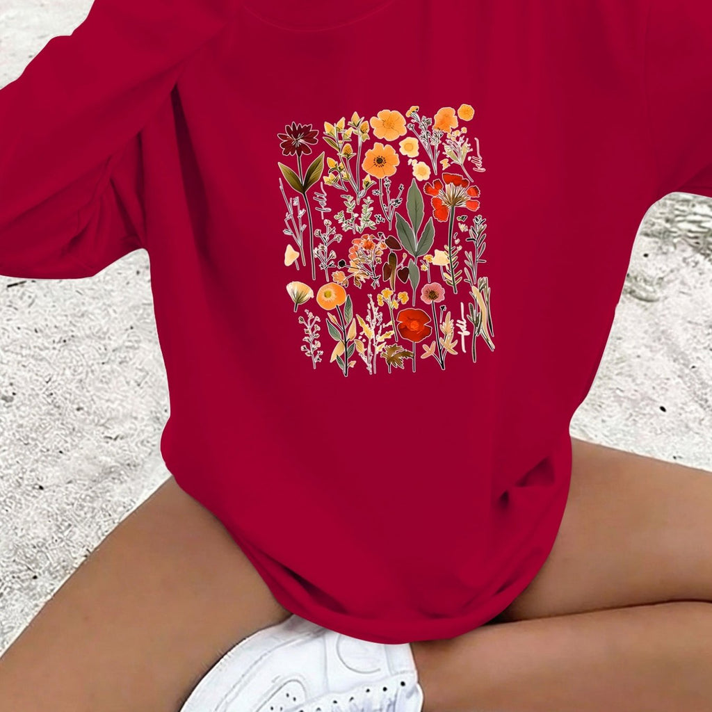 T-shirt grande taille à imprimé fleuri, manches longues, toucher naturel — composition : 100% Coton
