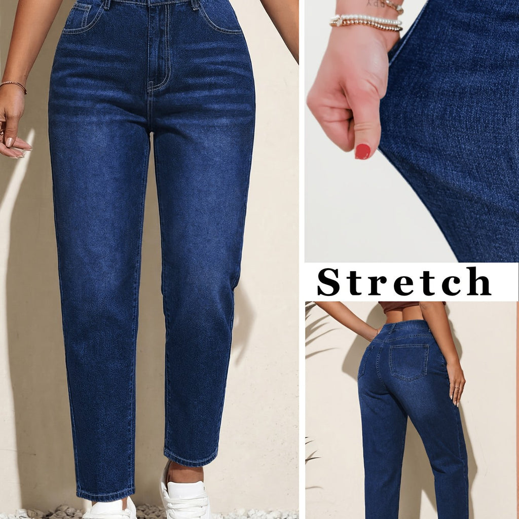 Jean grande taille, coupe droite, fermeture zippée, tenue franche — composition : 71.9% Viscose, 26% Polyester, 2.1% Élasthanne