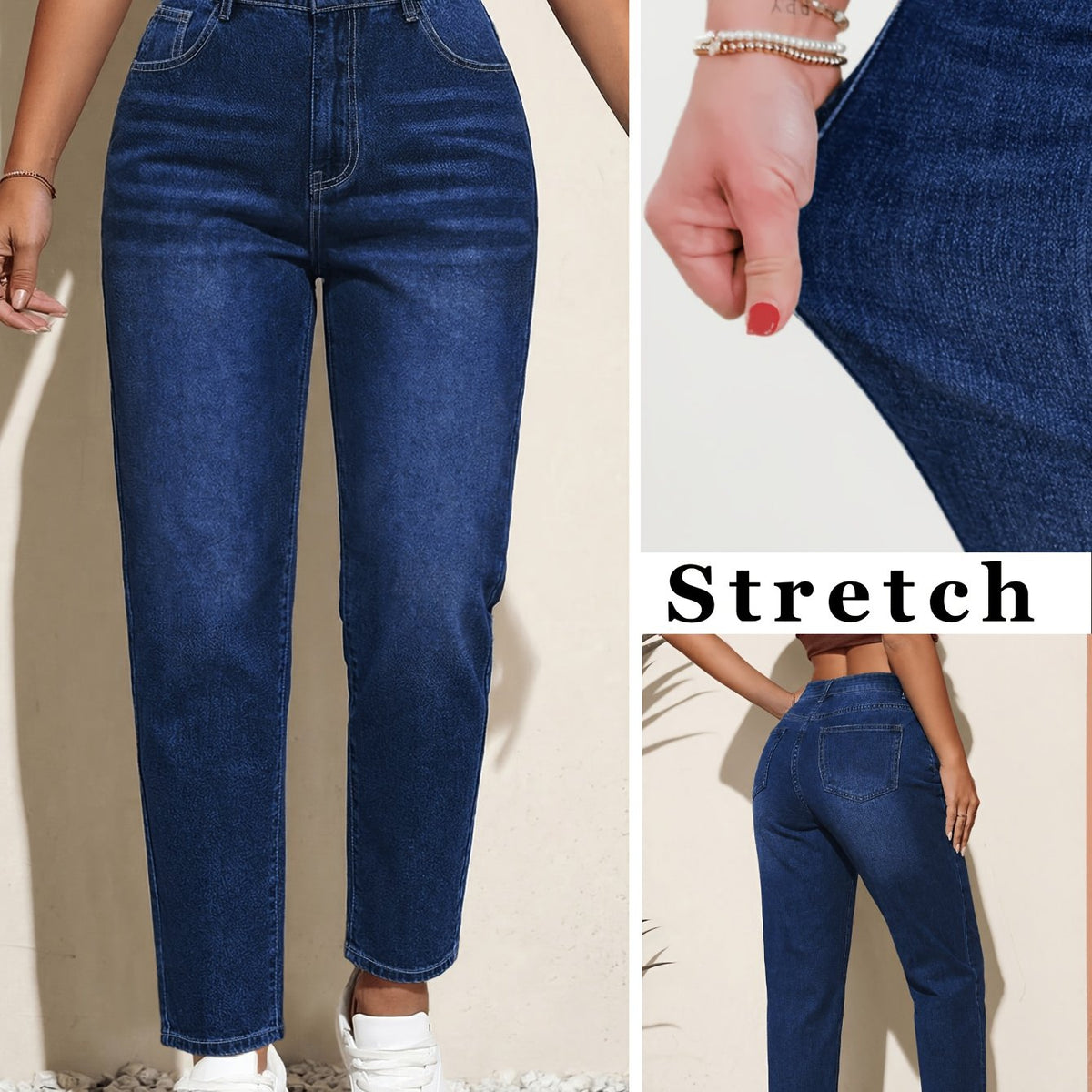 Jean grande taille, coupe droite, fermeture zippée, tenue franche — composition : 71.9% Viscose, 26% Polyester, 2.1% Élasthanne Image