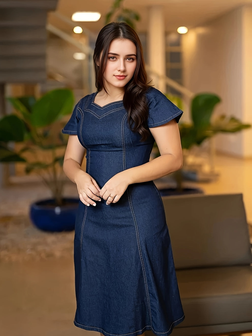 Robe grande taille, col carré, manches courtes, tenue franche — composition : 95% Polyester, 5% Élasthanne