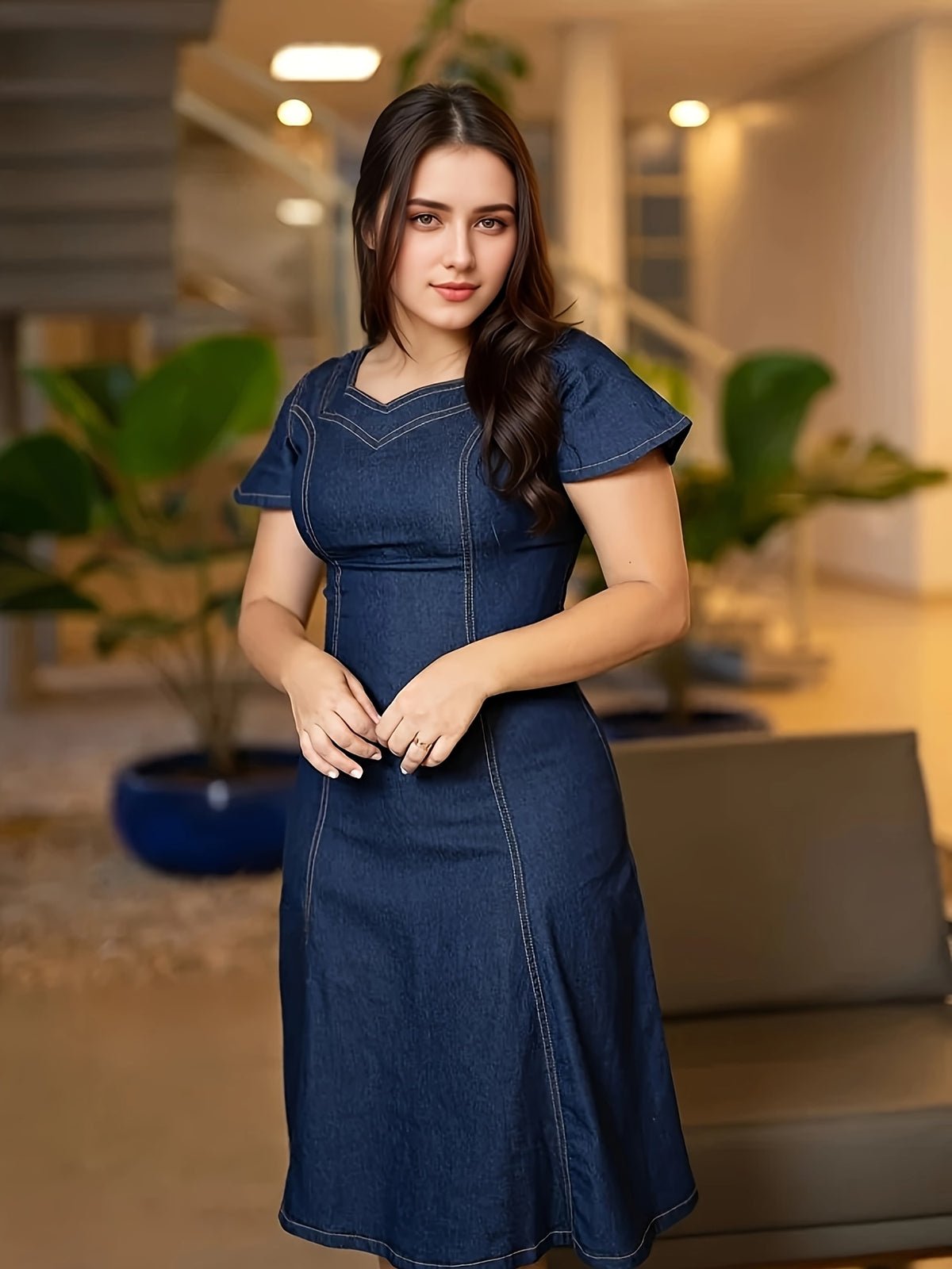 Robe grande taille, col carré, manches courtes, tenue franche — composition : 95% Polyester, 5% Élasthanne Image