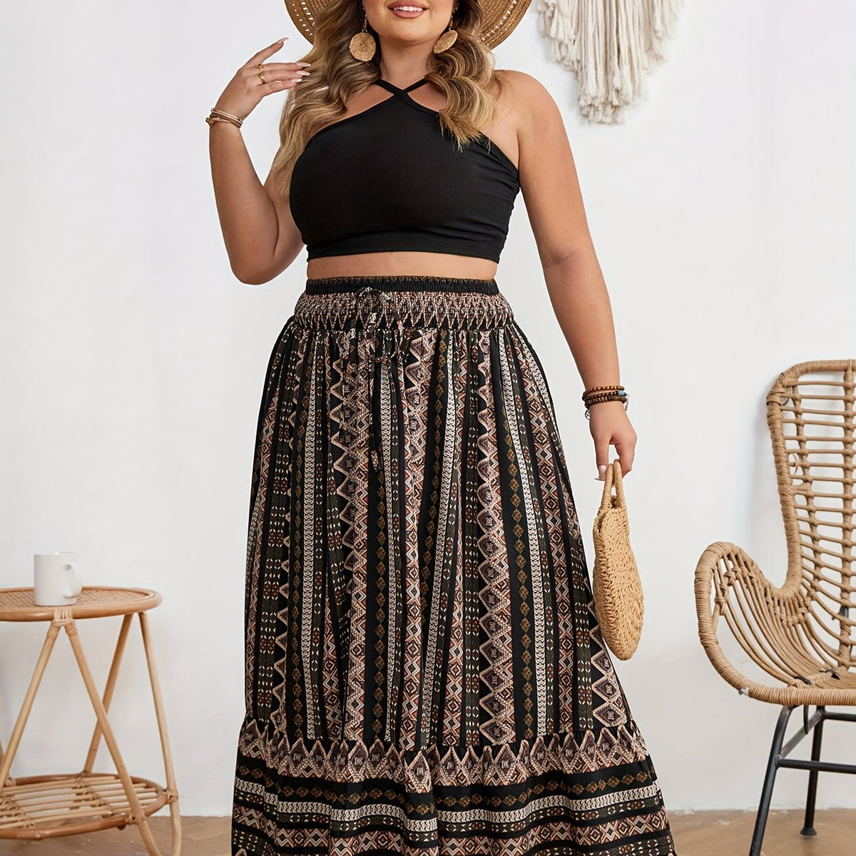 Jupe grande taille à imprimé géométrique, coupe évasée — matière : polyester