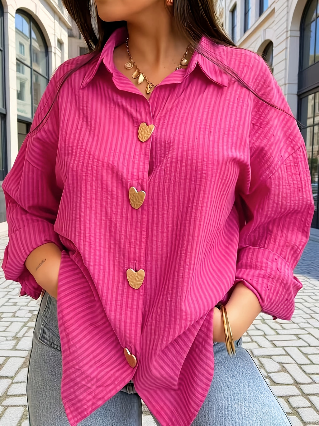 Chemise grande taille à rayures, boutonnage, manches longues, porté de face
