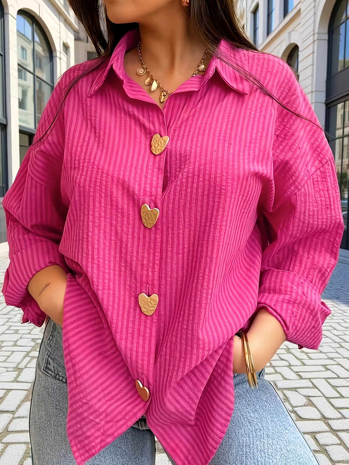 Chemise grande taille à rayures, boutonnage, manches longues, porté de face