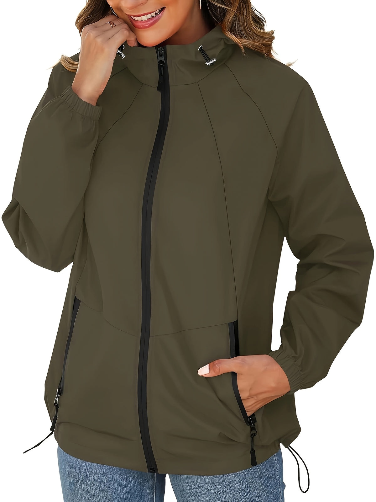 Manteau grande taille, fermeture zippée, esprit trench, détail du tissu