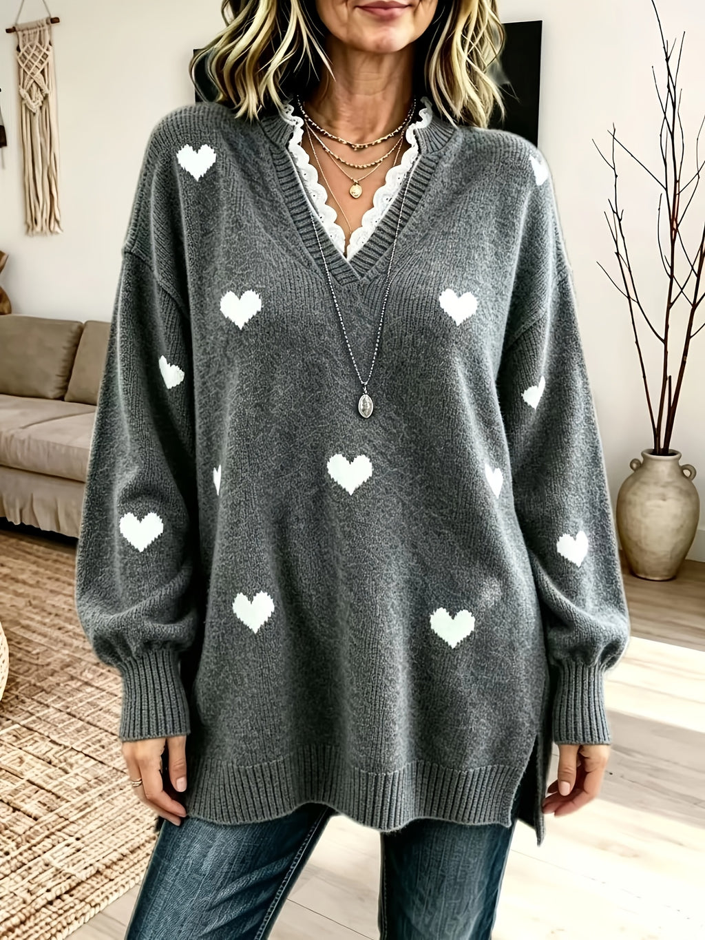 Pull grande taille en dentelle, coupe oversize, effet ajouré, chaleur d'hiver, détail du col