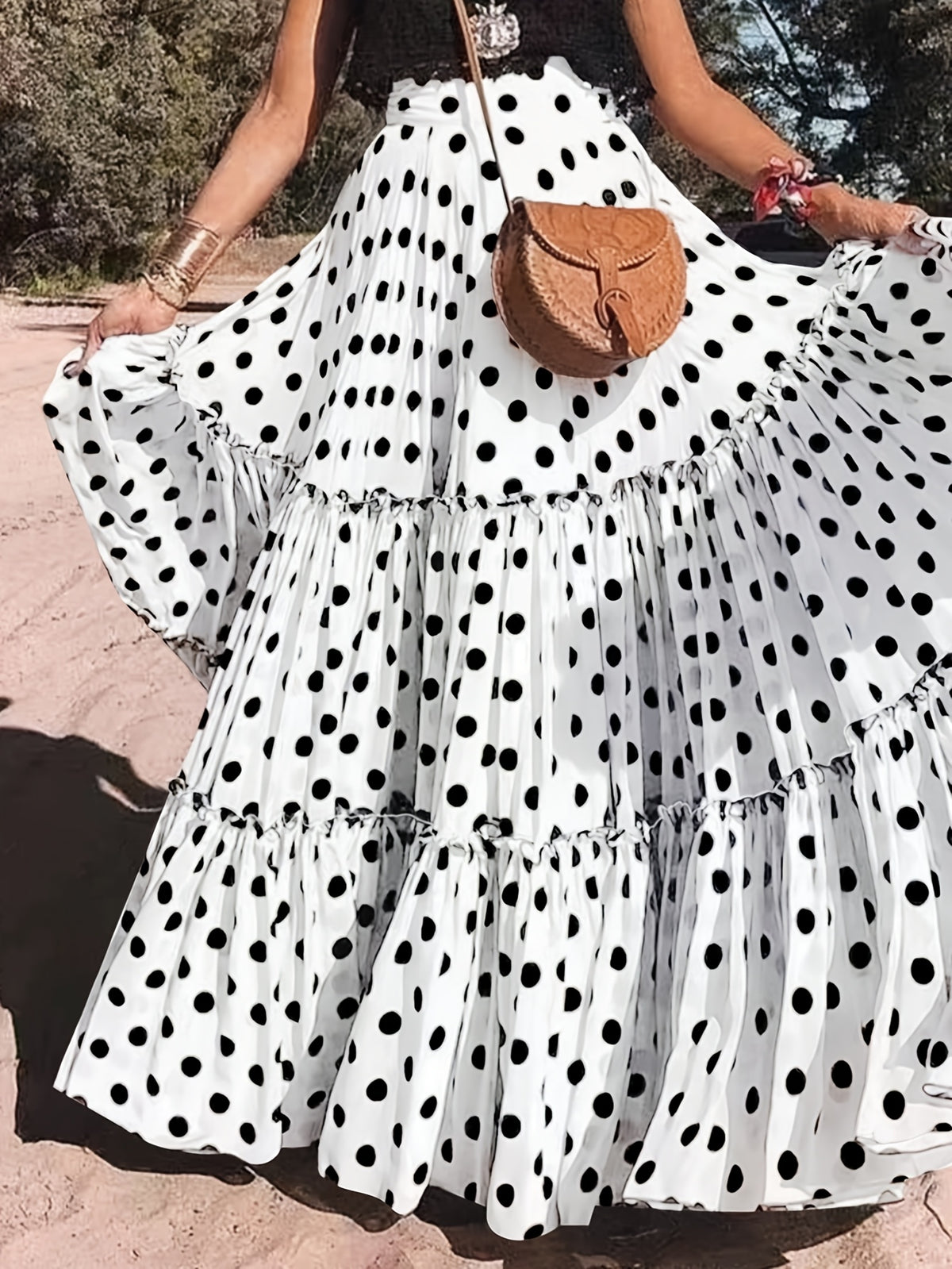 Jupe grande taille à pois, coupe évasée, volants — composition : 100% Polyester
