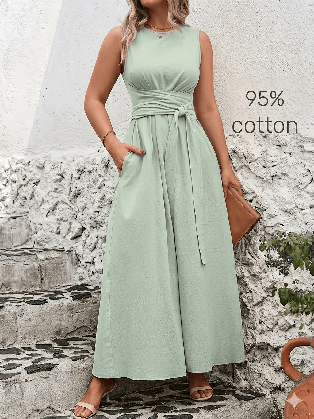 Robe longue grande taille — Coton, ceinture nouée au dos