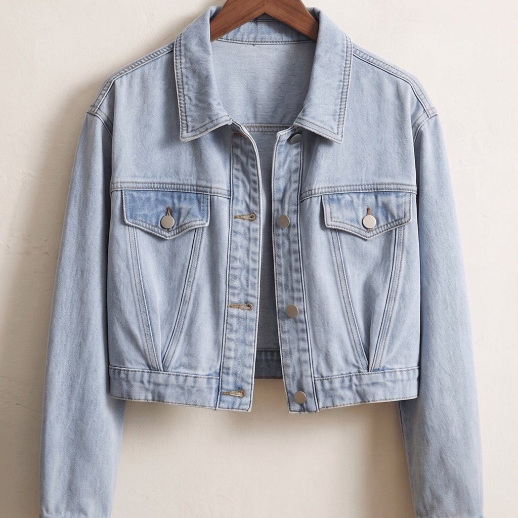 Veste grande taille, coupe ample, poches plaquées, tenue franche — matière : denim