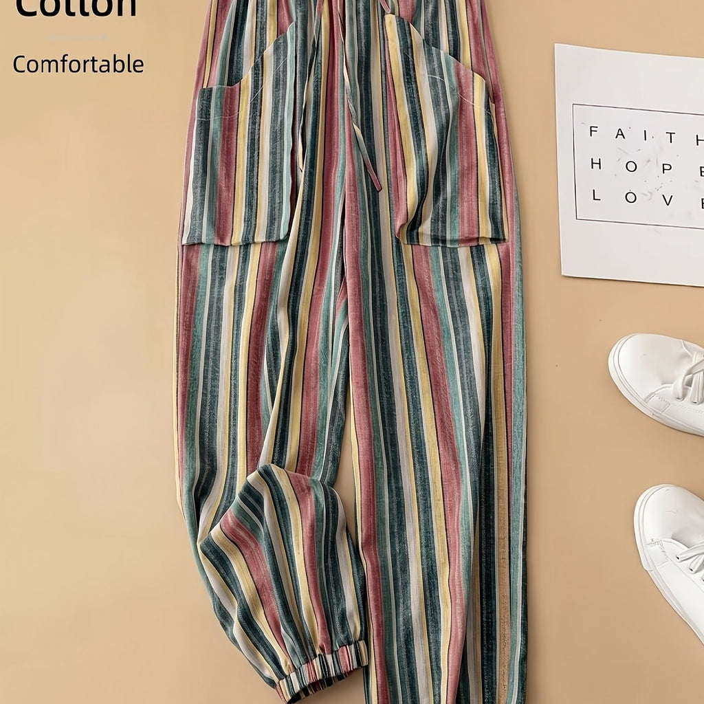 Pantalon grande taille à rayures, coupe droite, cordon — composition : 100% Coton