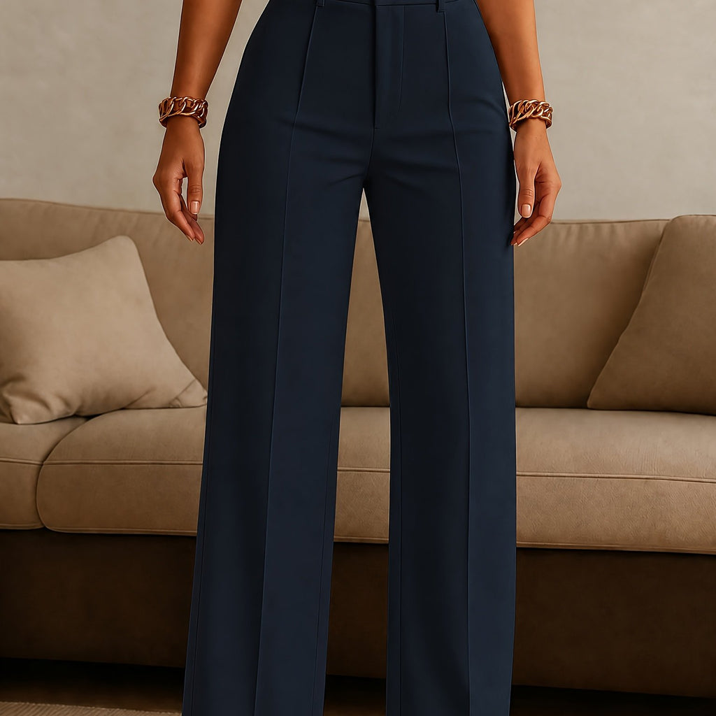 Pantalon grande taille, coupe droite, fermeture zippée, allure élégante — matière : polyester
