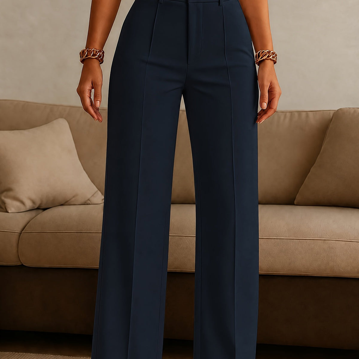 Pantalon grande taille, coupe droite, fermeture zippée, allure élégante — matière : polyester Image