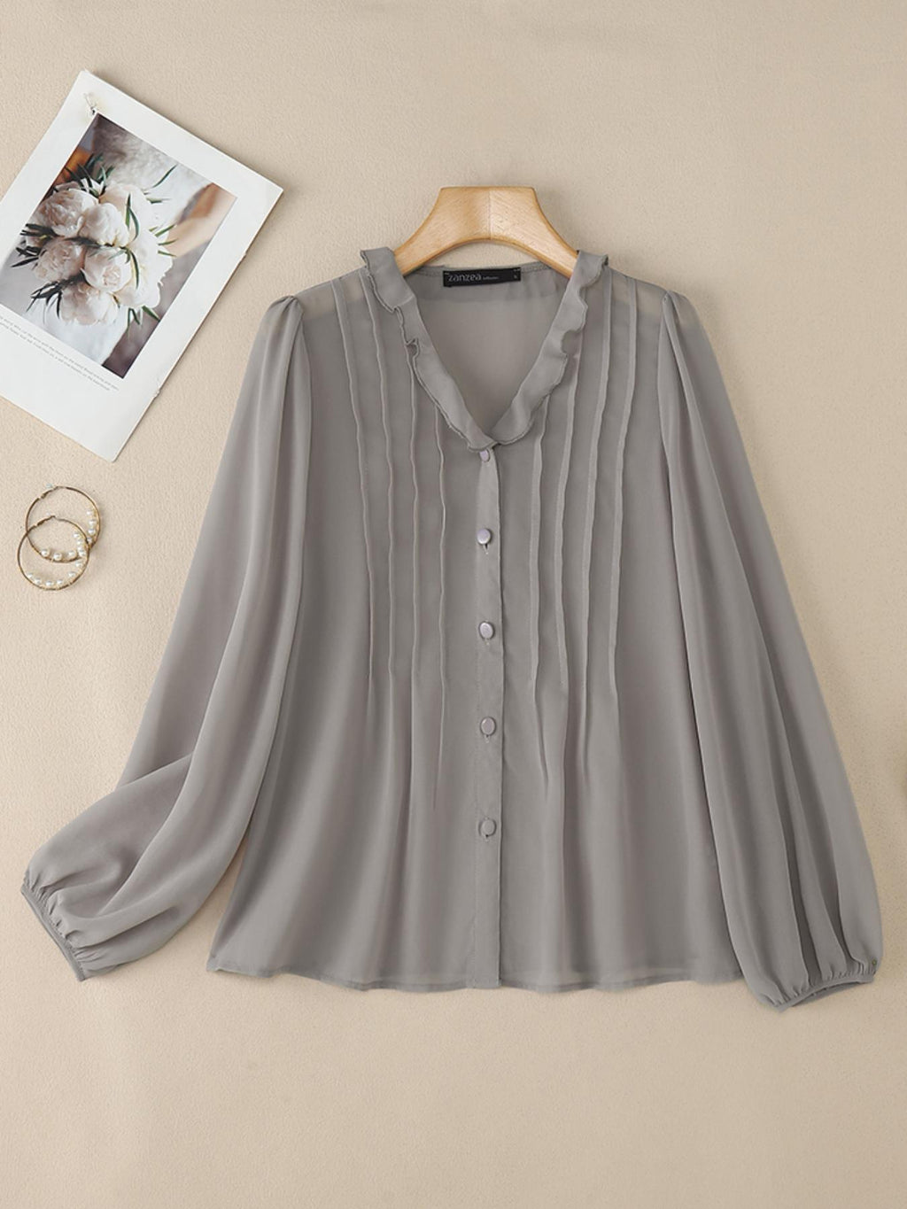 Top grande taille, coupe oversize, volants, manches longues, autre coloris