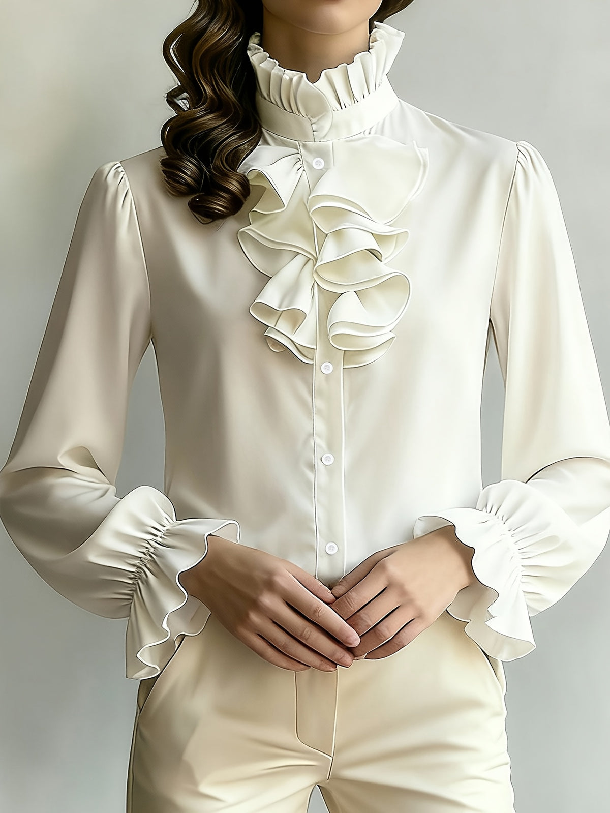 Chemise grande taille en dentelle, col montant, manches longues, effet ajouré